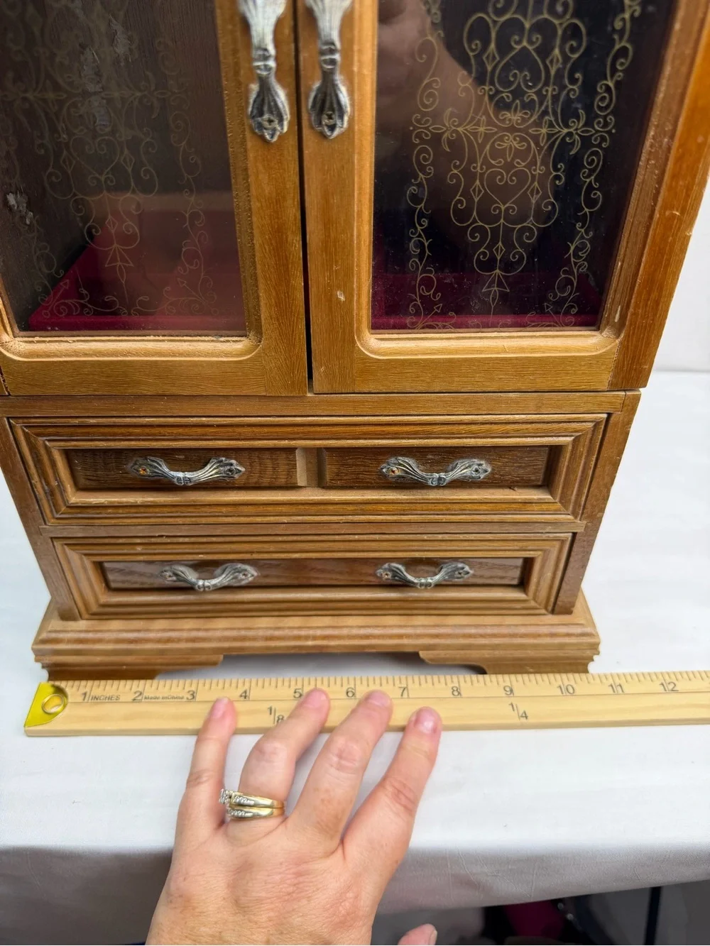 Vintage Wood 2 Door Jewelry Box Armoire Style Cabinet  Organizer &  Drawer
